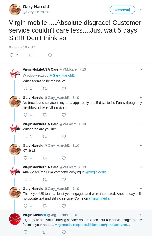 Social customer service Virgin Mobile US UK mix-up example
