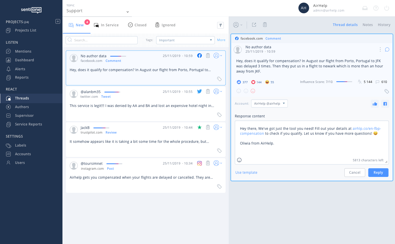 panel wątków obsługi klienta