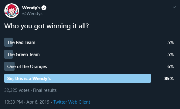Tweet z profilu Wendy's nawiązujący do popularnego mema "Sir, this is a Wendy's"