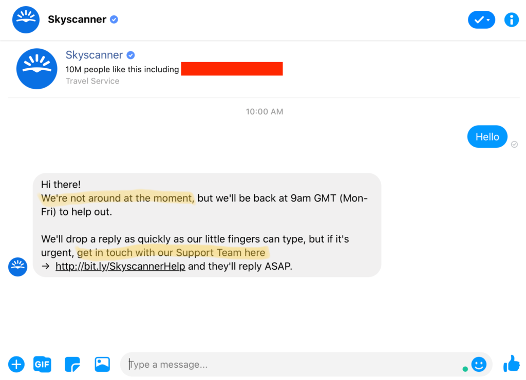 Screenshot przedstawiający niezadowalającą interakcję z chatbotem SkyScannera.
