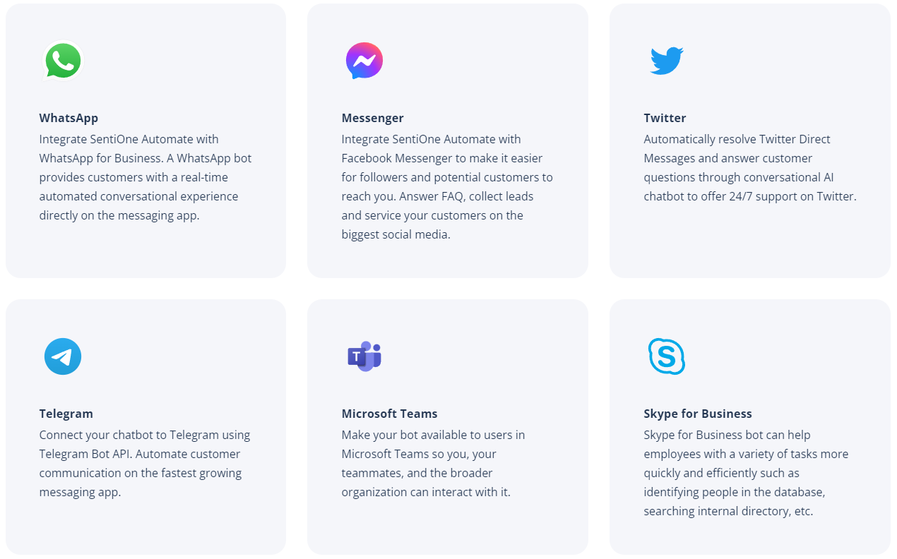 SentiOne Automate allows you to easily deploy your chatbot/voice bot on most major platforms.
